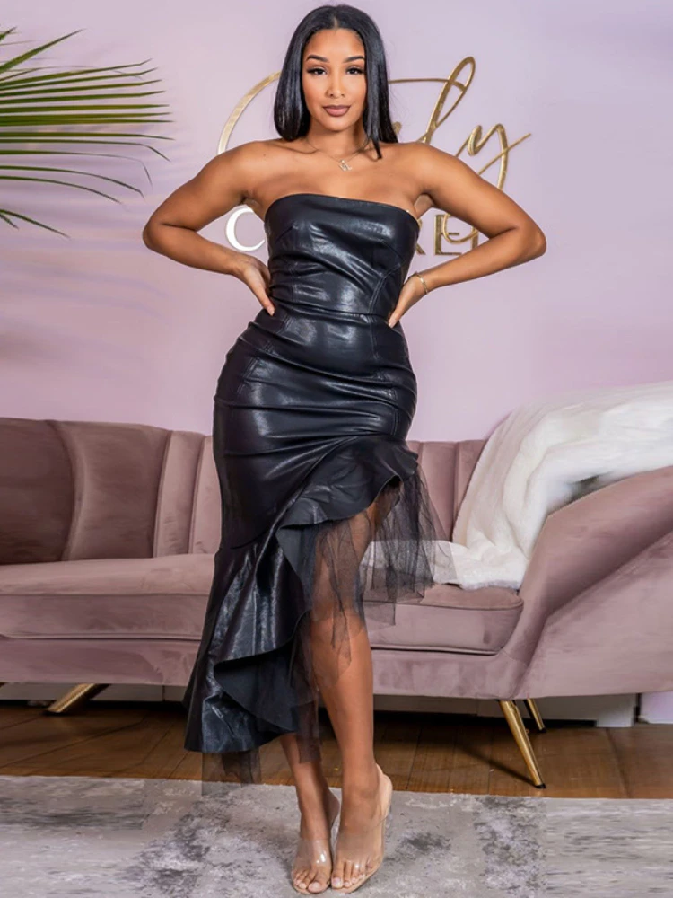 Irregular Dresses for Women Gauze Strapless Backless Fuax Leather Party Birthday Evening Vestidos Fashion Sexy Dress 2022 New
Irregular Dresses for Women Gauze Strapless Backless Fuax Leather Party Birthday Evening Vestidos Fashion Sexy Dress 2022 New