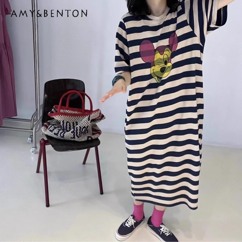 Korean Fashion Sweet Cute Cartoon Print Loose Long Striped Short Sleeves T-shirt Dress Women's Summer Cotton Casual Y2k Dresses
Korean Fashion Sweet Cute Cartoon Print Loose Long Striped Short Sleeves T-shirt Dress Women's Summer Cotton Casual Y2k Dresses