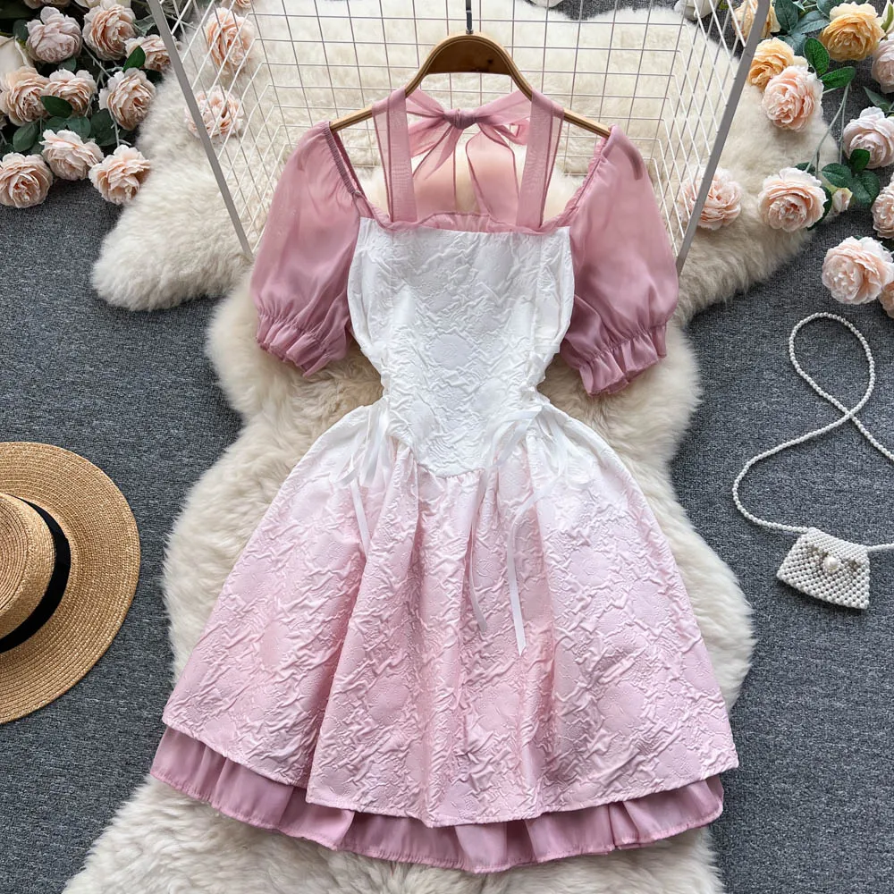 

French New Square Neckline Puff Short Sleeve Chiffon A-line Short Dress Women's Jacquard Ruffled Elegant Clothes Vestidos J684