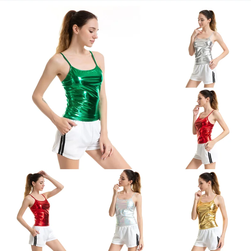 

Women's Shiny Metallic Camisole Wet Look Short Vest New Spaghetti Straps Tank Top Party Club Dancewear Basic Solid Strappy Cami