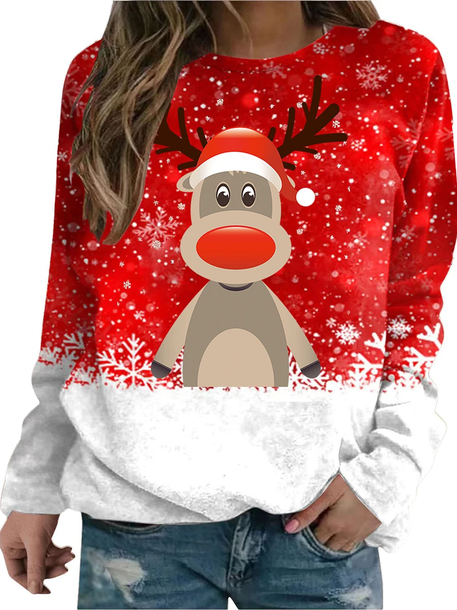 

Женский Рождественский свитер, пуловер, свитшот с длинным рукавом, свободные рубашки, Милый джемпер с принтом снеговика, оленя, дерева, топы
