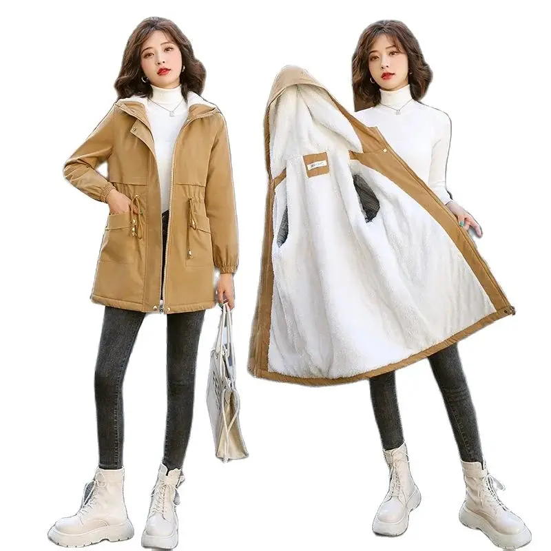 

Women Windbreaker Female Add Velvet Warm Hooded Trench Coat 2023 New Autumn Winter Mid-length Overcoat Female Lining Coats