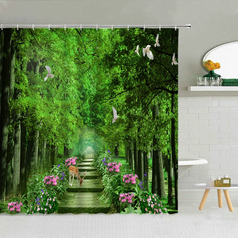 

3D Forest Tree Animal Landscape Bathroom Decor Deer Bird Path Shower Curtain Set Green Plant Spring Scenery Waterproof Curtains