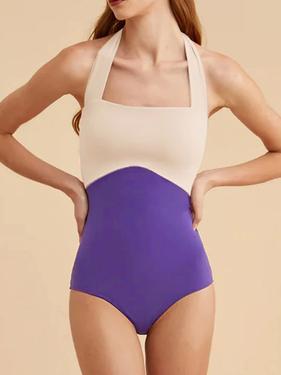 Women Romper Bathing Suit Contrast Color Sleeveless Halter Neck Backless Bodysuit Swimsuits 2023 New Summer Bikinis Swimwear 
Women Romper Bathing Suit Contrast Color Sleeveless Halter Neck Backless Bodysuit Swimsuits 2023 New Summer Bikinis Swimwear