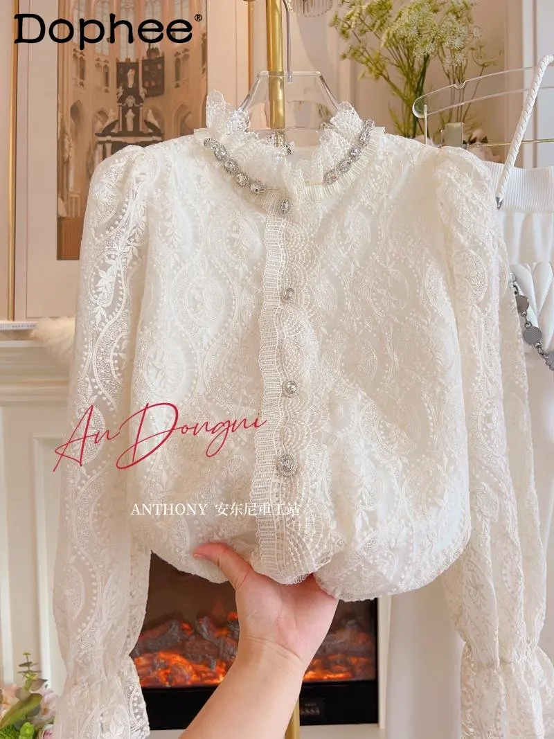 French Elegant Lace Shirt Women Korean Style Loose Lotus Leaf Bead Long Sleeve Blouse Top 2023 Spring Autumn Blusas Femininas
French Elegant Lace Shirt Women Korean Style Loose Lotus Leaf Bead Long Sleeve Blouse Top 2023 Spring Autumn Blusas Femininas