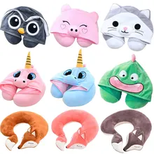 New U Shaped Neck Pillow for Airplane Travel Adults and Kids Travel Pillow Unicorn Cat Owl Pig Fox Memory Foam Hooded Pillows