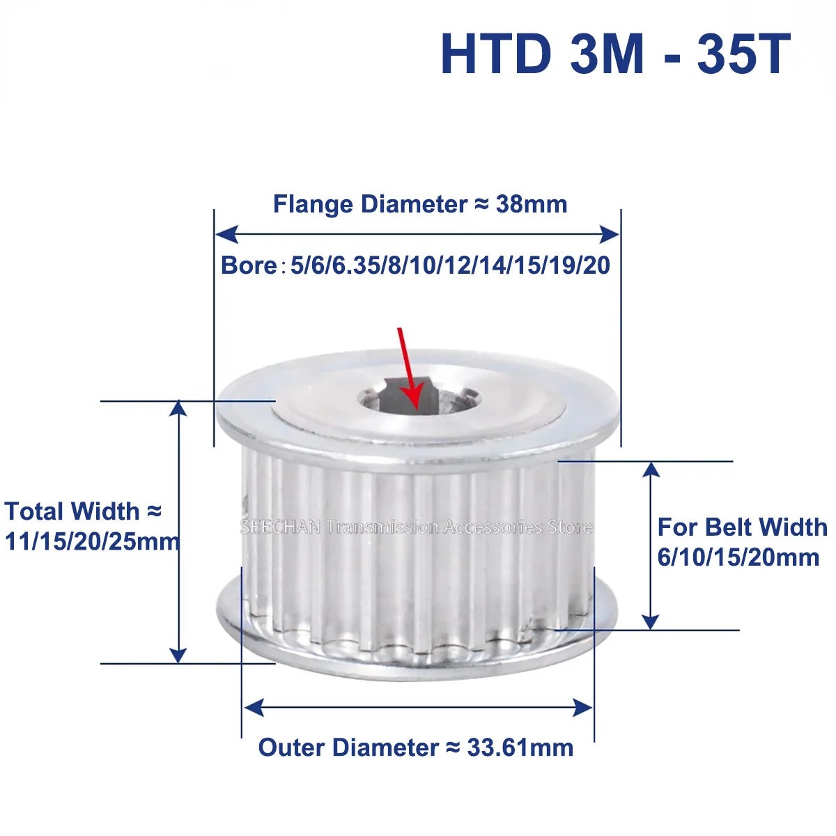 35 Teeth HTD 3M Synchronous Pulley Bore 4/5/6/6.35/8/10~17mm for Width 6/10/15/20mm HTD3M Timing Belt HTD3M Pulley Wheel 35Tooth
35 Teeth HTD 3M Synchronous Pulley Bore 4/5/6/6.35/8/10~17mm for Width 6/10/15/20mm HTD3M Timing Belt HTD3M Pulley Wheel 35Tooth
