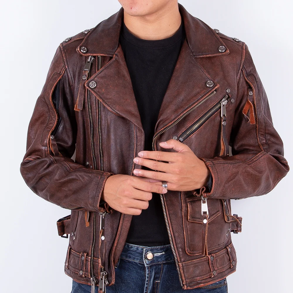 Autumn 2023 Men's Brown jacket Top Layer Cowhide Retro Genuine Leather Oblique Zipper Motorcycle style Coat
Autumn 2023 Men's Brown jacket Top Layer Cowhide Retro Genuine Leather Oblique Zipper Motorcycle style Coat