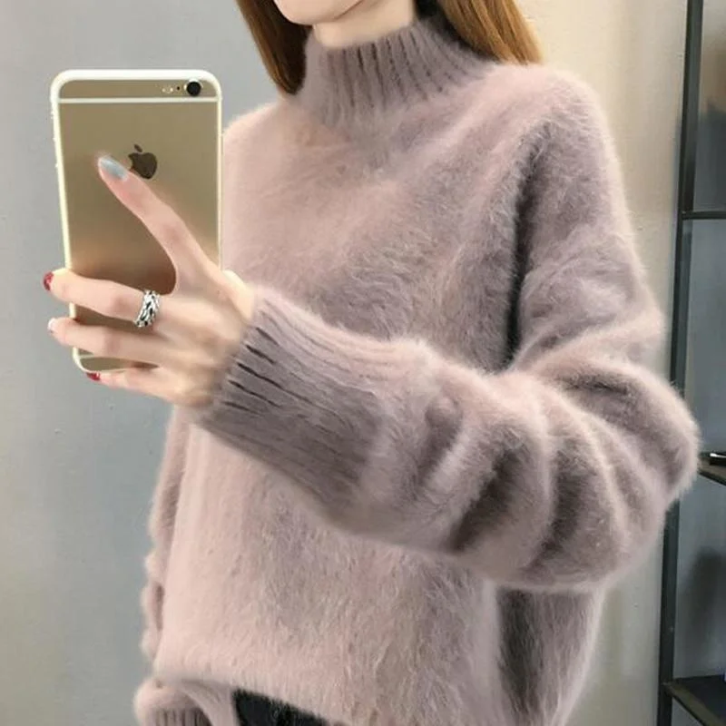 

Mink Fleeced Sweater Thick Turtleneck Long Sleeve Tops Casual Knitted Pullover Korean Fashion Sweaters Winter Clothing For Woman
