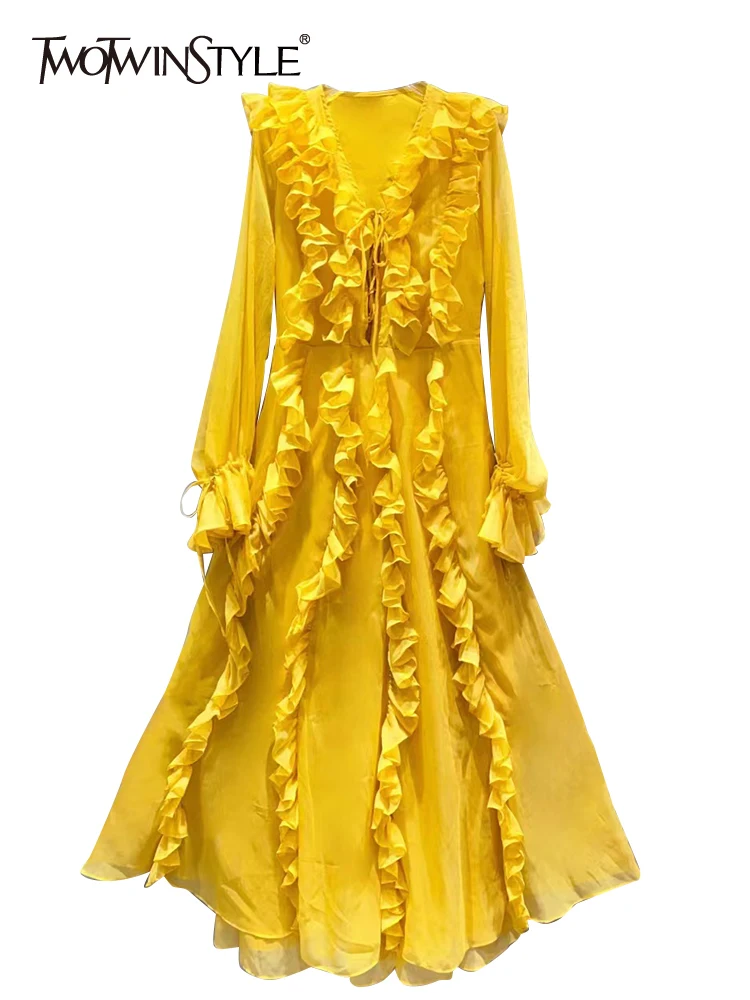 TWOTWINSTYLE Solid Elegant Spliced Ruffles Dresses For Women V Neck Lantern Sleeve High Waist Patchwork Lace Up Dress Female New
TWOTWINSTYLE Solid Elegant Spliced Ruffles Dresses For Women V Neck Lantern Sleeve High Waist Patchwork Lace Up Dress Female New