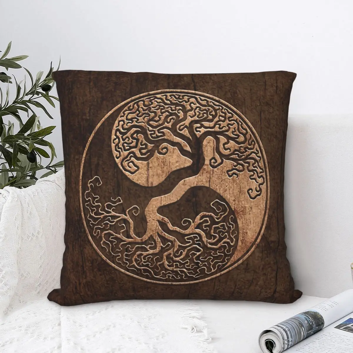 

Rough Wood Grain Effect Tree Of Life Yin Yang Throw Pillow Case Cushion For Home Sofa Chair Decorative Hug Pillowcase