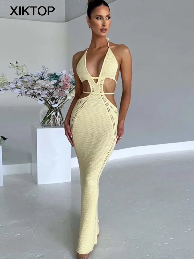 Xiktop Knitted Halter Sleeveless Backless Hollow Out Solid Bandage Sexy Slim Maxi Prom Dress 2023 Spring Festival Party Outfits
Xiktop Knitted Halter Sleeveless Backless Hollow Out Solid Bandage Sexy Slim Maxi Prom Dress 2023 Spring Festival Party Outfits