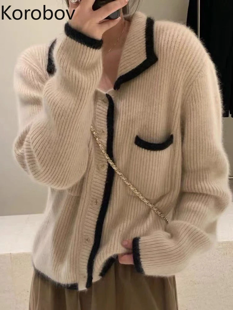 Korobov Autumn New Contrasting Colors Knitted Tops Temperament Simple Loose Cardigan Korean Fashion Sweater Roupas Feminin
Korobov Autumn New Contrasting Colors Knitted Tops Temperament Simple Loose Cardigan Korean Fashion Sweater Roupas Feminin