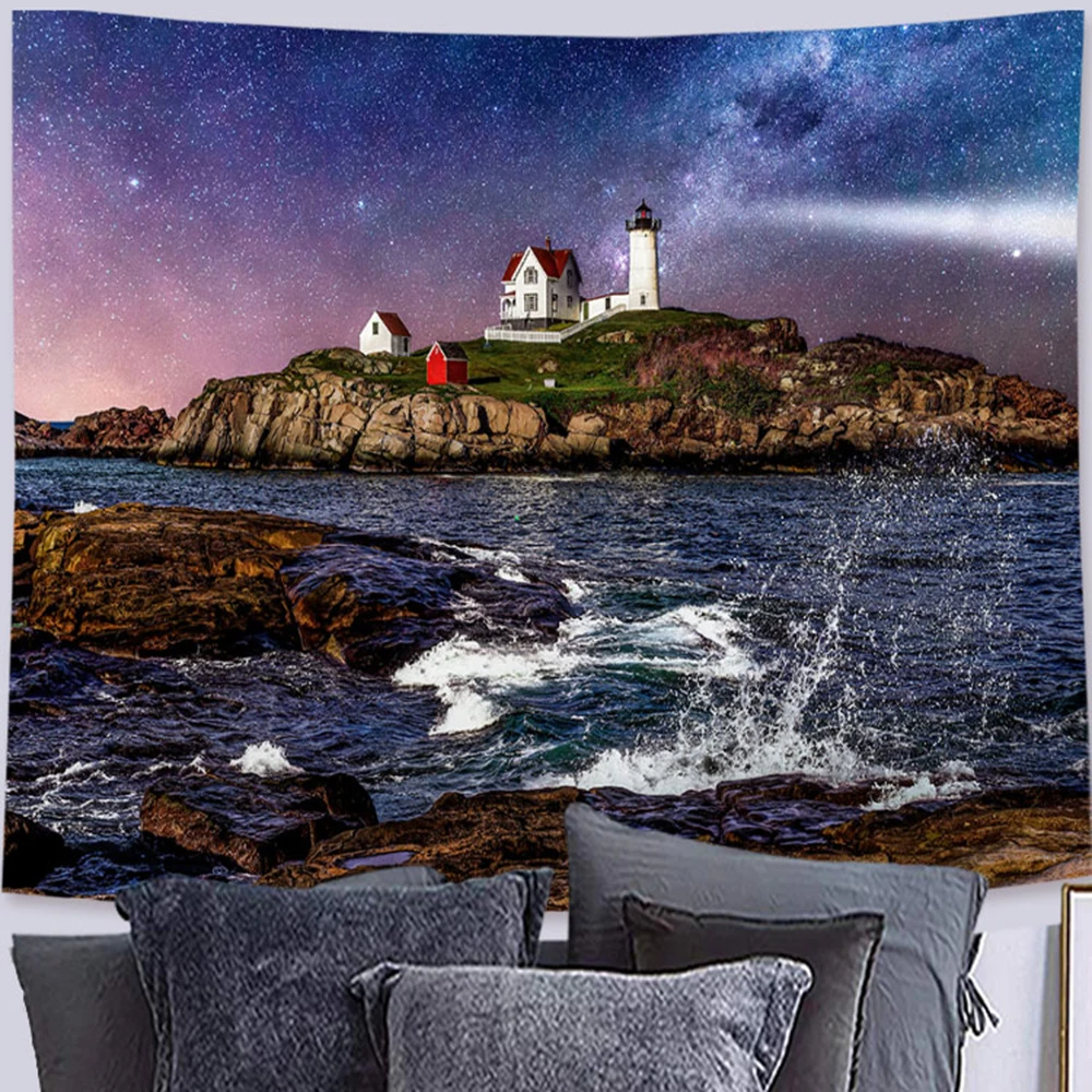 

Galaxy Sea Lighthouse Tapestry Wall Hanging Cloud Rainbow Starry Sky Planets Solar System Wall Tapestry Kawaii Room Decoration