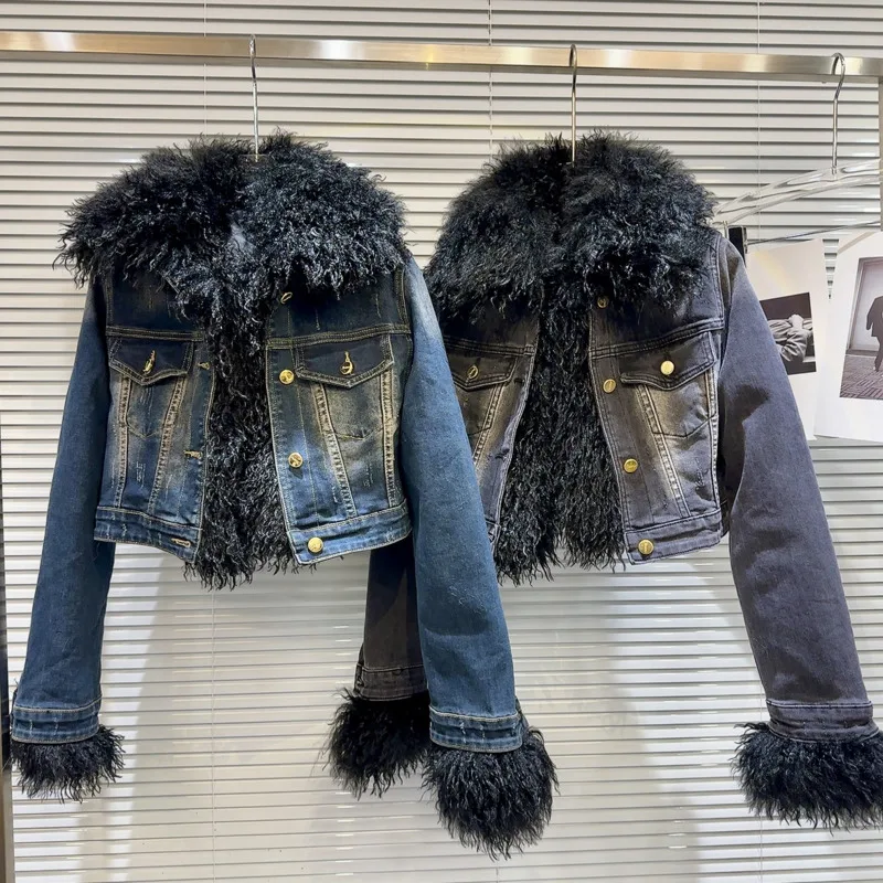 

PREPOMP 2023 зимняя новая коллекция экологически чистый воротник из искусственного меха хлопковая подкладка джинсовая куртка женское толстое пальто GM371