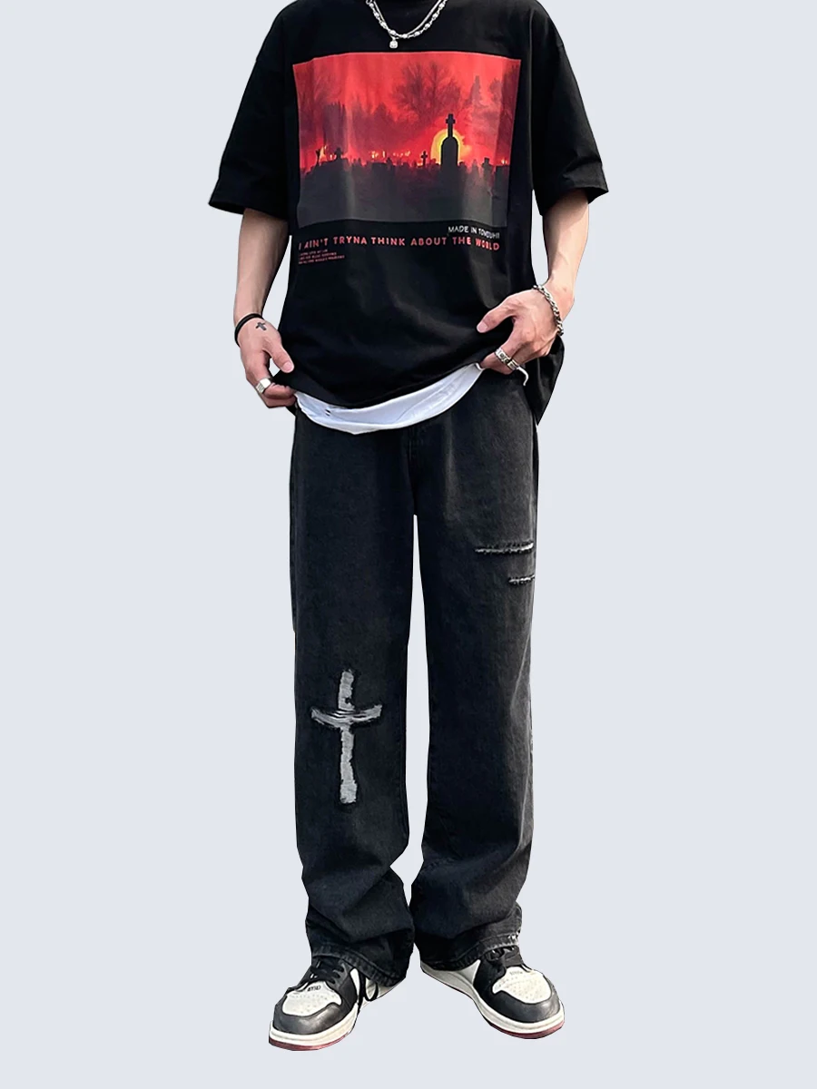 Four Seasons Men's Jeans Trend Cross Hole Embroidery Loose Straight Wide Leg High Street Trousers Streetwear Unisex Baggy Jeans
Four Seasons Men's Jeans Trend Cross Hole Embroidery Loose Straight Wide Leg High Street Trousers Streetwear Unisex Baggy Jeans