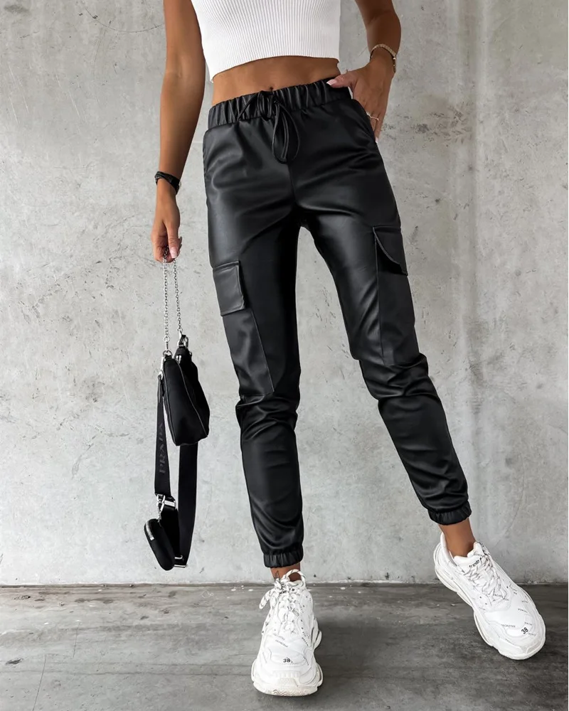 Women Slim Fashion Casual Black Pants Elastic Waist PU Leather Cuffed Pants Trousers Pockets
Women Slim Fashion Casual Black Pants Elastic Waist PU Leather Cuffed Pants Trousers Pockets