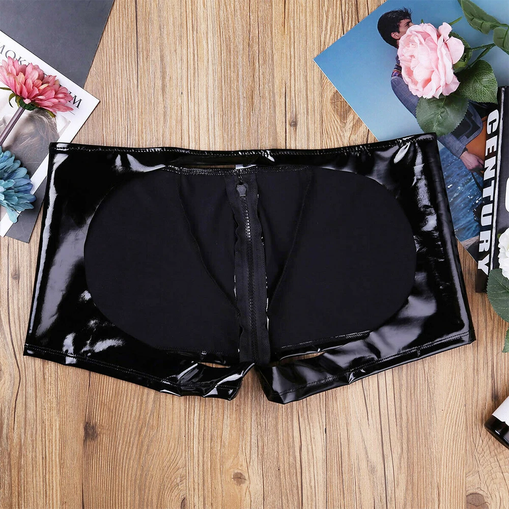 

Open Butt Club Panites Man Faxu Leather Hollow Out Boxer Trunks Sexy Zip Pouch Underpants Eortic Lingerie Gay Men PVC Shorts