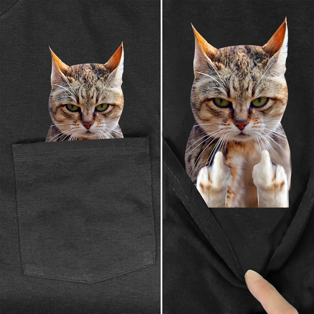 

CLOOCL Animal T-shirts Funny Cute Tabby Cat Middle Finger Pocket T-shirt Sticker Printed Cotton Tees Summer Short Sleeve Shirts