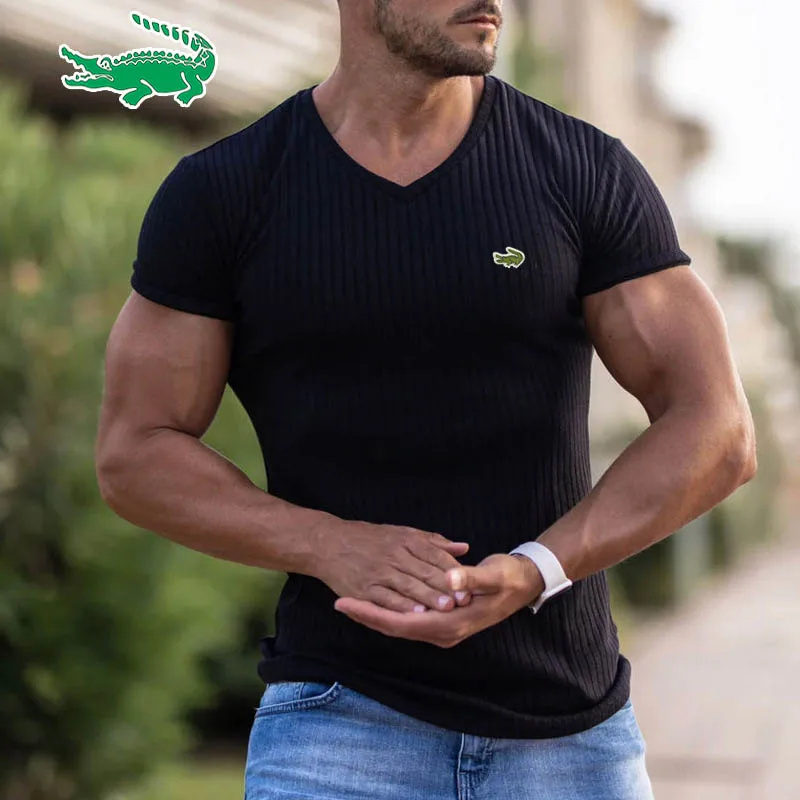 Men V Neck Short Sleeve T Shirt Fitness Slim Fit Sports Strips T-shirt Male Fashion Tees Tops Summer Knitted Gym Clothing
Men V Neck Short Sleeve T Shirt Fitness Slim Fit Sports Strips T-shirt Male Fashion Tees Tops Summer Knitted Gym Clothing