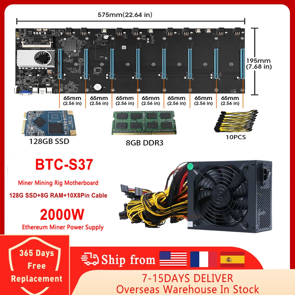 

BTC S37 D37 T37 Mining Motherboard Set 4/8GB DDR3 128GB MSATA SSD 2000W PSU Mining Kit 8 GPU Graphics Card Bitcoin Miner Rig