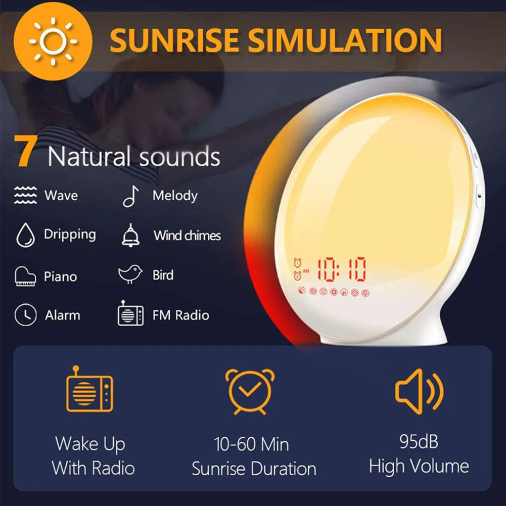 Wake Up Light Alarm Clock With Sunrise/Sunset Simulation Dual Alarms FM Radio Nightlight 7 Colors Natural Sounds Snooze
Wake Up Light Alarm Clock With Sunrise/Sunset Simulation Dual Alarms FM Radio Nightlight 7 Colors Natural Sounds Snooze