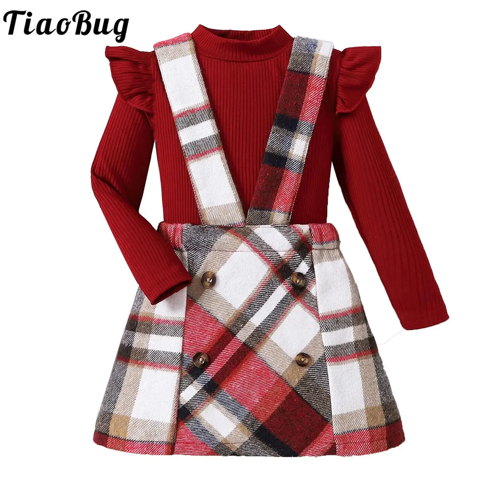 Kids Girls Spring Autumn Outfits Mock Neck Flutter Long Sleeve Ribbed Knitted Top with Plaid Suspender Skirt for Birthday Party 
Kids Girls Spring Autumn Outfits Mock Neck Flutter Long Sleeve Ribbed Knitted Top with Plaid Suspender Skirt for Birthday Party