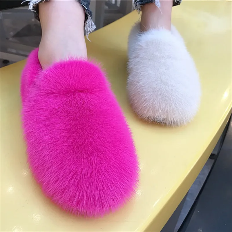 

2023 New Real Mink Fur Women Flats Winter Warm Furry Flat Shoes Outside Loafers Espadrilles Ladies Thick Sole Platform Moccasins