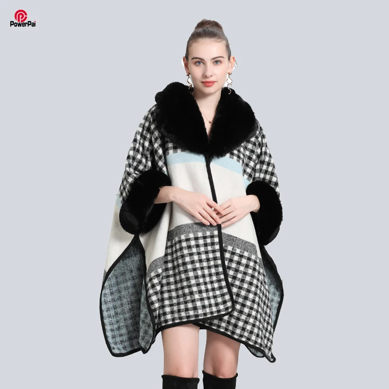 

Loose Small Plaid Wool Blends Faux Fur Coat Cape Fashion V Turndown Collar Cloak Cardigan Long Winter Woolen Overcoat Women