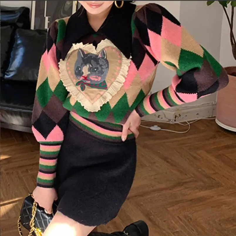 Fashion Women Sweater Rhombic lattice Y2K Korean Crop Tops Long Sleeve Knitted Pullover Winter Slim Casual Cat Jumper w2622
Fashion Women Sweater Rhombic lattice Y2K Korean Crop Tops Long Sleeve Knitted Pullover Winter Slim Casual Cat Jumper w2622