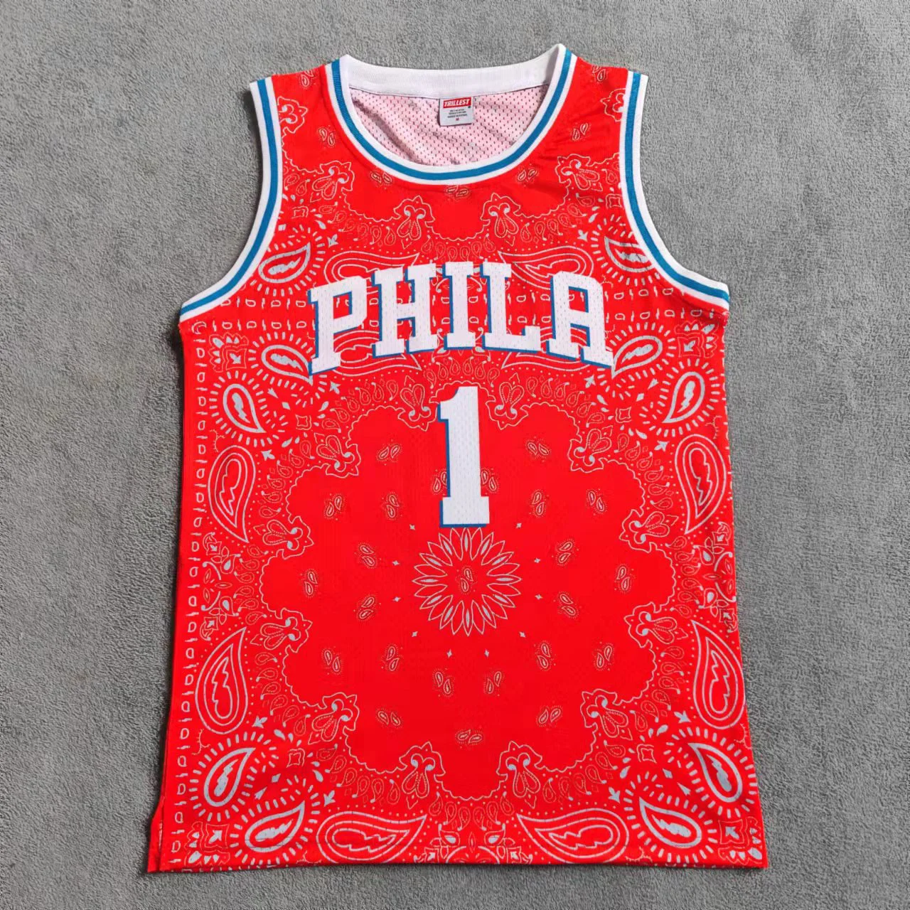 TRILLEST Harden 1 PHILA Paisley Printed Philadelphia Basketball Jersey - Red Gray White Blue
TRILLEST Harden 1 PHILA Paisley Printed Philadelphia Basketball Jersey - Red Gray White Blue