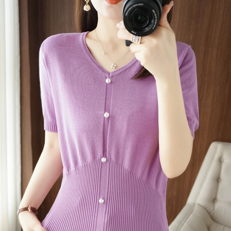 Summer new V-neck short-sleeved 100% cotton women's T-shirt solid color knitted fashion short trend pullover thin women's T-shir
Summer new V-neck short-sleeved 100% cotton women's T-shirt solid color knitted fashion short trend pullover thin women's T-shir