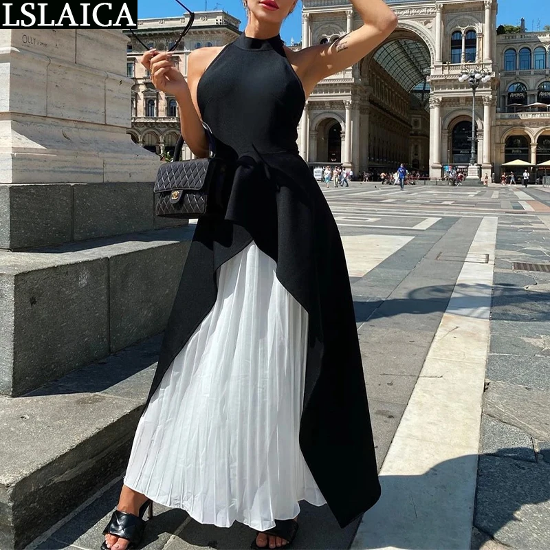 Elegant Woman Dress Sleeveless Halter Patchwork Female Maxi Dress Sexy Backless Ladies Party Dress Pleated High Waist Sukienki
Elegant Woman Dress Sleeveless Halter Patchwork Female Maxi Dress Sexy Backless Ladies Party Dress Pleated High Waist Sukienki