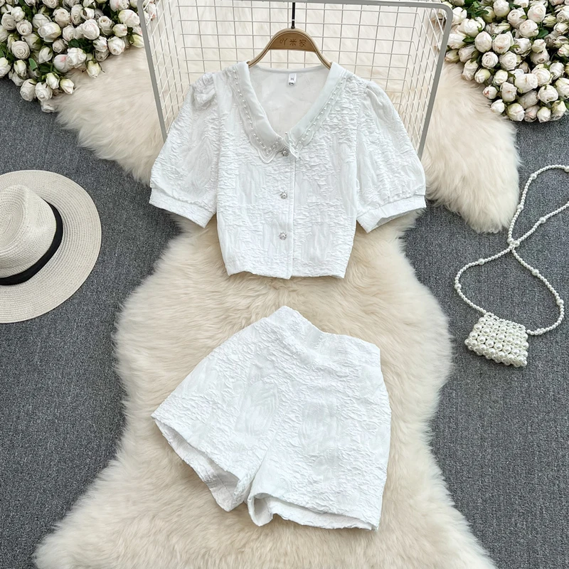 Women Casual Jacquard Short Set Tracksuit Two Piece Sets Outfits Slim Pearl Beaded Short Shirt And High Waist Shorts White Black
Women Casual Jacquard Short Set Tracksuit Two Piece Sets Outfits Slim Pearl Beaded Short Shirt And High Waist Shorts White Black