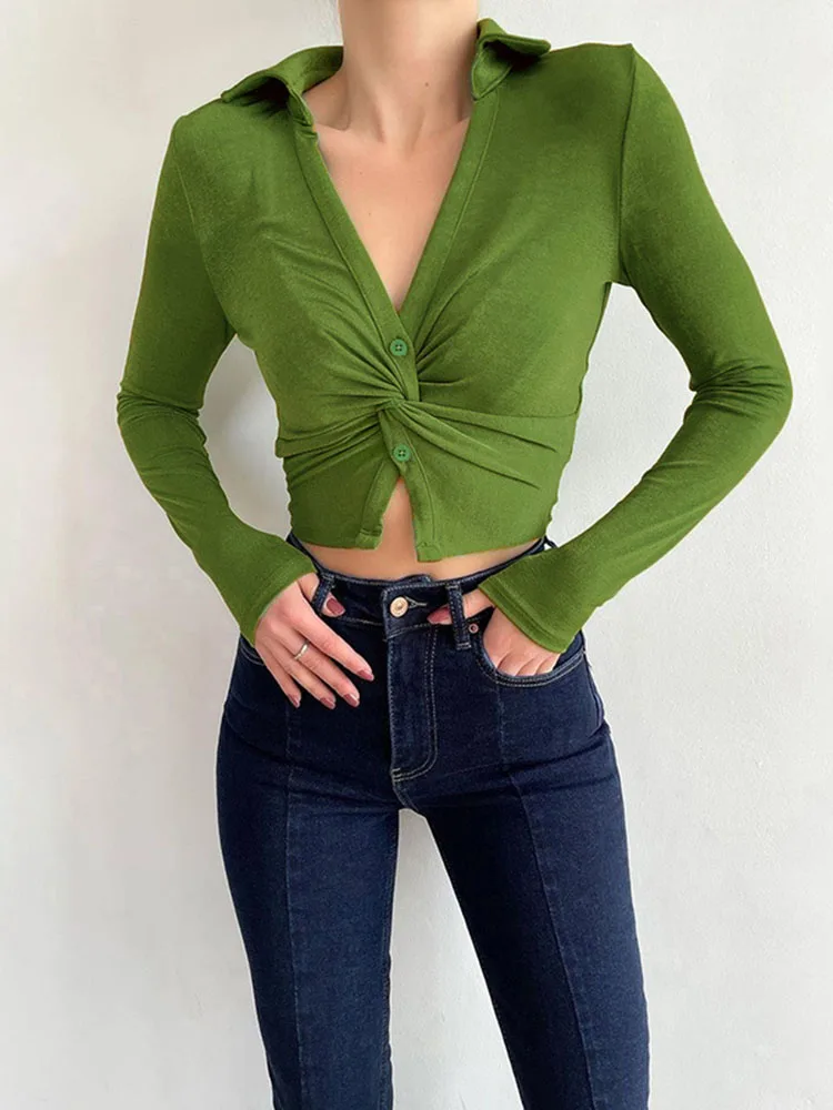Sexy Women's Crop Top Y2k V Neck Casual Twist Ruched Long Sleeve Autumn Green T Shirt Fashion Bodycon Slim Female Tee Tank Top 
Sexy Women's Crop Top Y2k V Neck Casual Twist Ruched Long Sleeve Autumn Green T Shirt Fashion Bodycon Slim Female Tee Tank Top