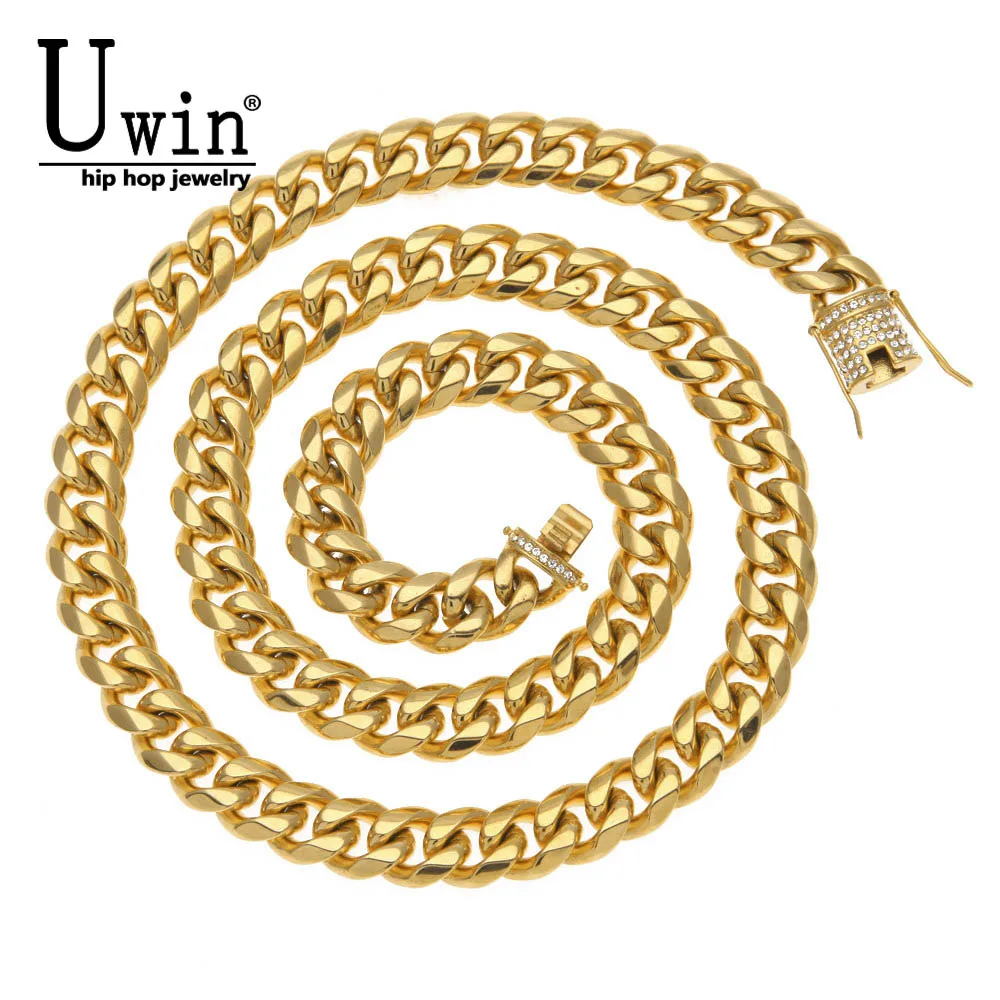 UWIN 14mm Mens Miami Cuban Link Chain Stainless steel Rhinestone Clasp Iced Out Gold silver color Hip hop Chain Necklace 78cm
UWIN 14mm Mens Miami Cuban Link Chain Stainless steel Rhinestone Clasp Iced Out Gold silver color Hip hop Chain Necklace 78cm