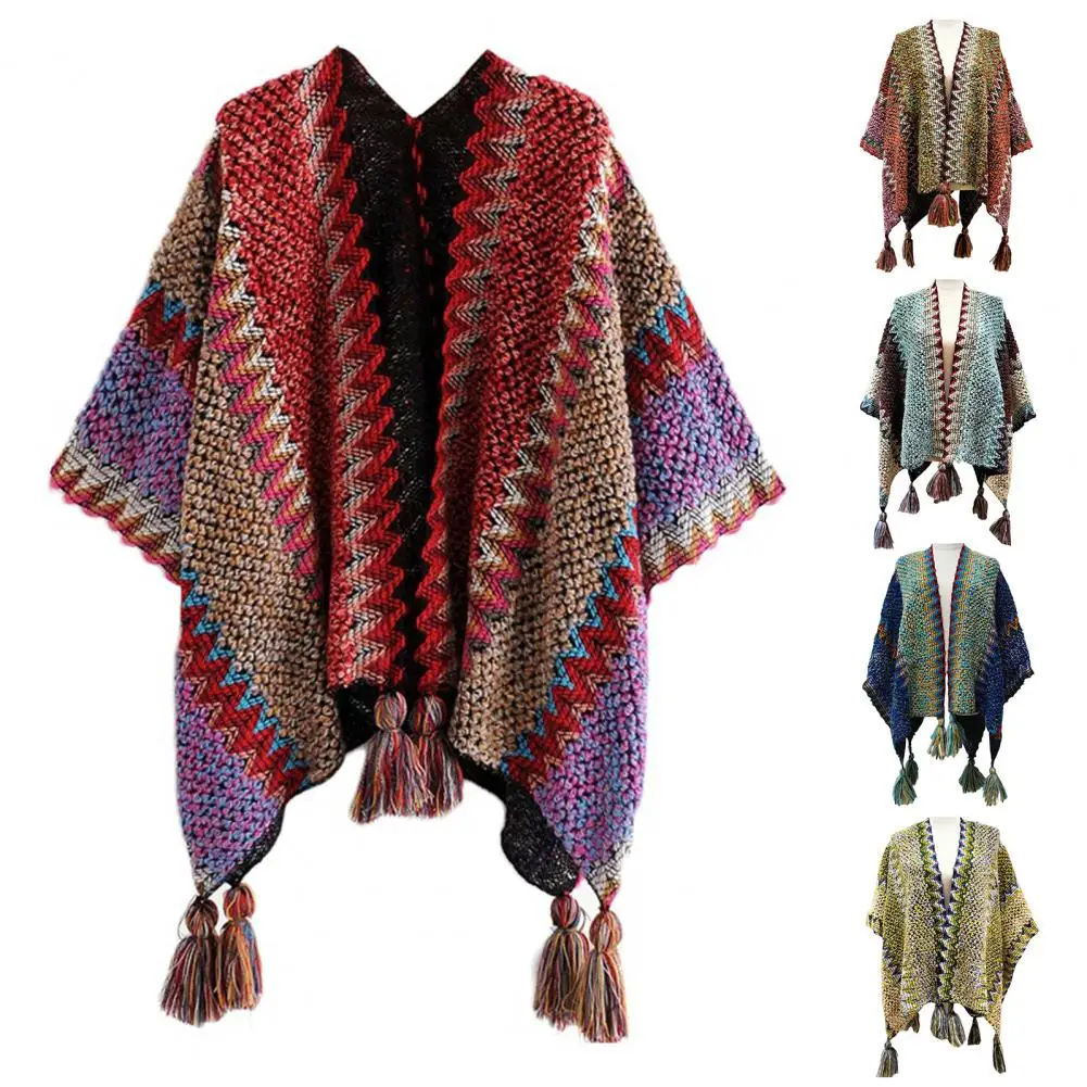 Autumn Winter Women Capes Cardigan Bohemian Colorful Striped V Neck Ethnic Style Knitting Tassel Lady Poncho Cloak for Work
Autumn Winter Women Capes Cardigan Bohemian Colorful Striped V Neck Ethnic Style Knitting Tassel Lady Poncho Cloak for Work