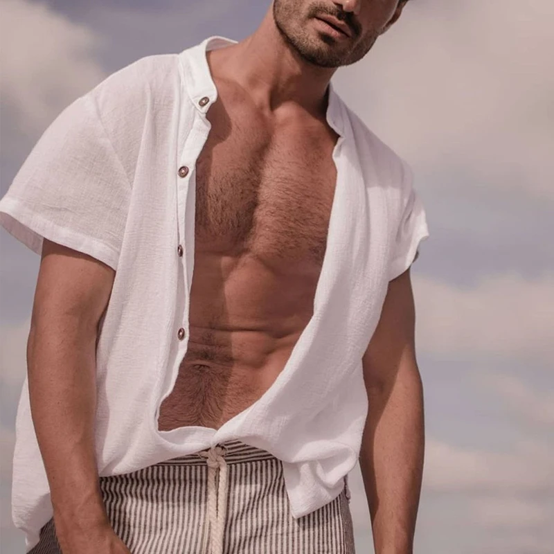 Рубашка мужская хлопково-льняная на пуговицах, винтажная повседневная одежда с коротким рукавом и воротником-стойкой, модный однотонный кардиган, лето 2023
Рубашка мужская хлопково-льняная на пуговицах, винтажная повседневная одежда с коротким рукавом и воротником-стойкой, модный однотонный кардиган, лето 2023