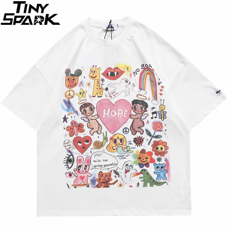 Мужская футболка оверсайз в стиле хип-хоп уличная с принтом сердца радуги