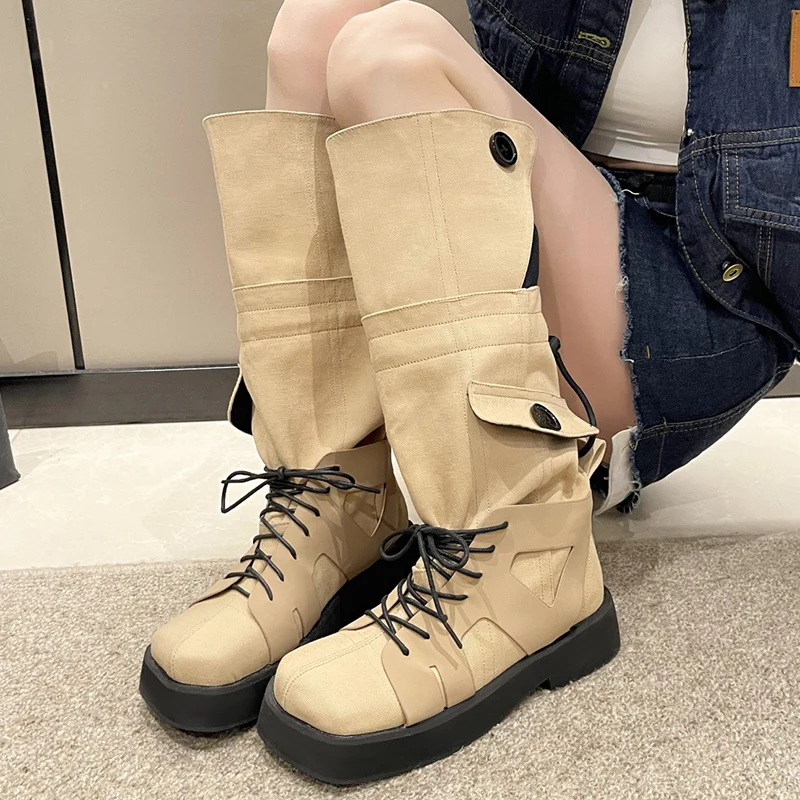 Khaki Loose Cowboy Knee High Boots Women Autumn Winter Platform Long Boots Woman Punk Thick Sole Button Western Botas Mujer 2023 
Khaki Loose Cowboy Knee High Boots Women Autumn Winter Platform Long Boots Woman Punk Thick Sole Button Western Botas Mujer 2023