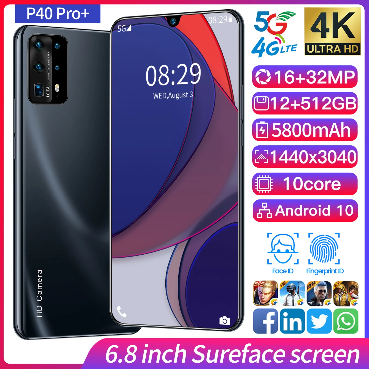 Global Version P40 Pro+ Smartphone 5G Phone 12+512GB Cellphone 10Core Mobile Phone Andriod10 5800mAh Game Phone Face ID 6.8 Inch
Global Version P40 Pro+ Smartphone 5G Phone 12+512GB Cellphone 10Core Mobile Phone Andriod10 5800mAh Game Phone Face ID 6.8 Inch