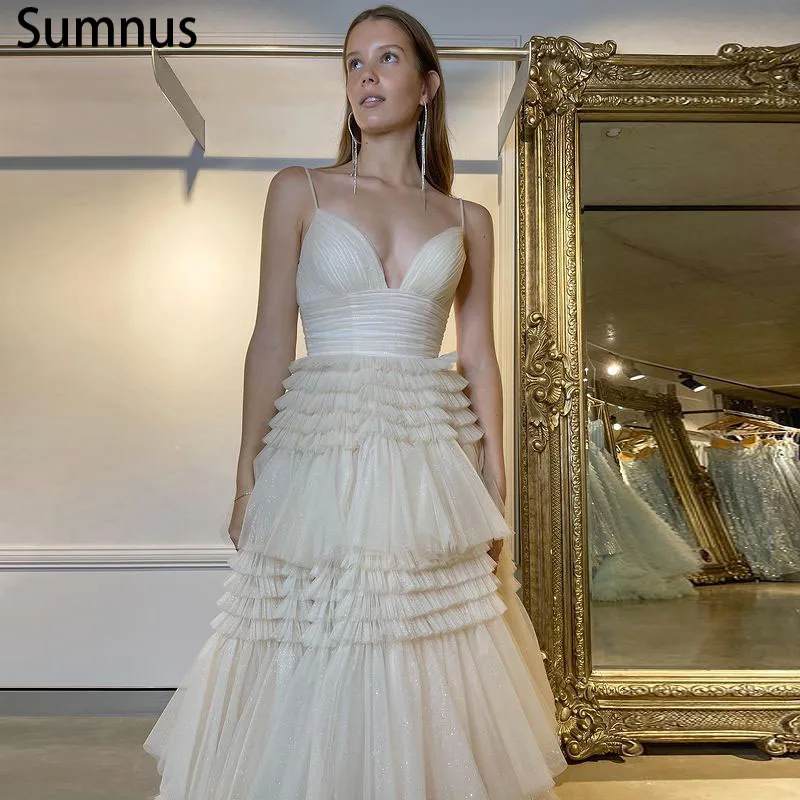 

Sumnus Elegant Campagne Long A-line Prom Dresses Sweethert Sphetti Strapless Tulle Tiered Evening Dress Robe De Soirée De Mariag