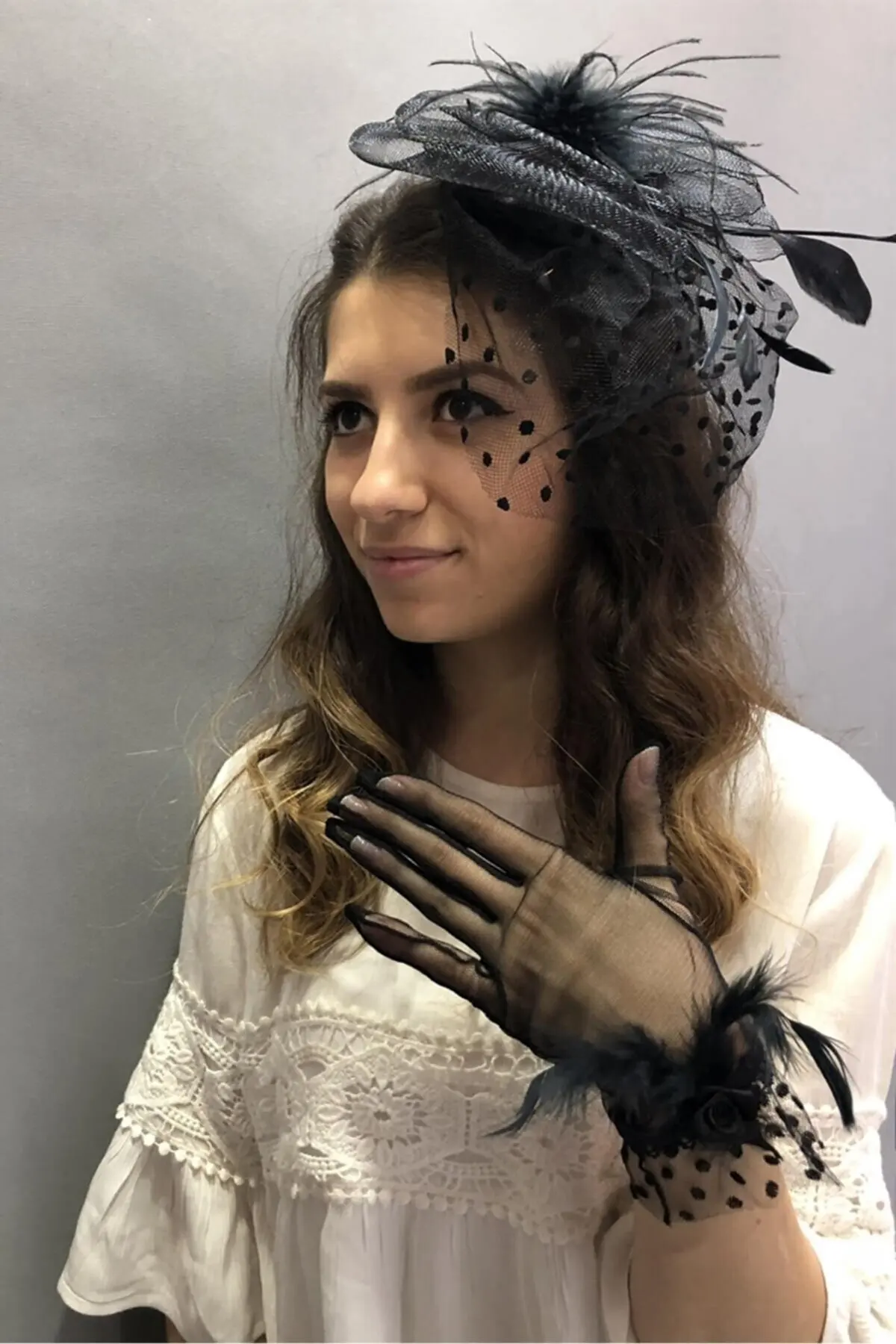 

Wedding Accessory Black Hairy Gloves-Polka Dot Vualet Wedding Hat Lace Mesh Bridal Transparent Elegant Fishnet Silk Tulle Guipure