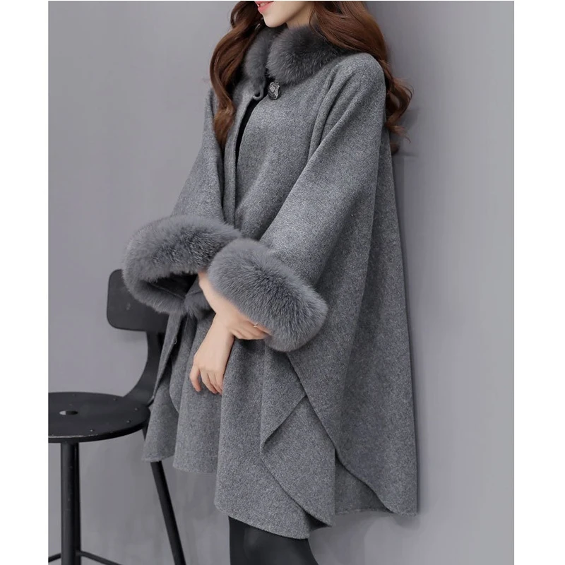 

Winter Fake Fur Coat Women's Poncho Jacket Ladies Bat Sleeve Warm Cape Overcoat Long Cloak Outwear Casual Shawl Female New
