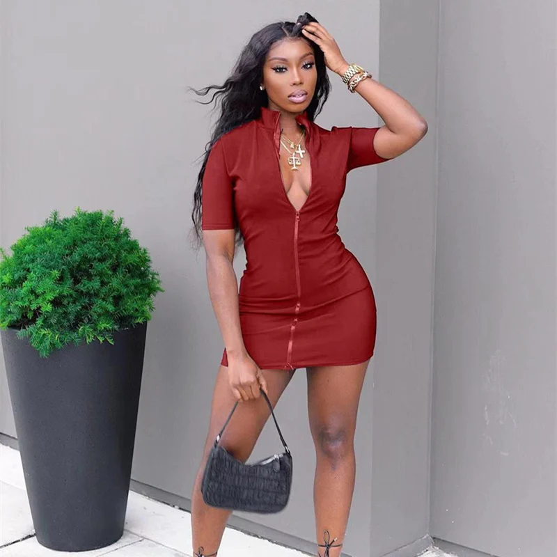 Solid Color Slim Fit Sexy Dress Fashion Women Elegant Short Sleeve Stand Collar Zipper Bodycon Dress Streetwear
Solid Color Slim Fit Sexy Dress Fashion Women Elegant Short Sleeve Stand Collar Zipper Bodycon Dress Streetwear