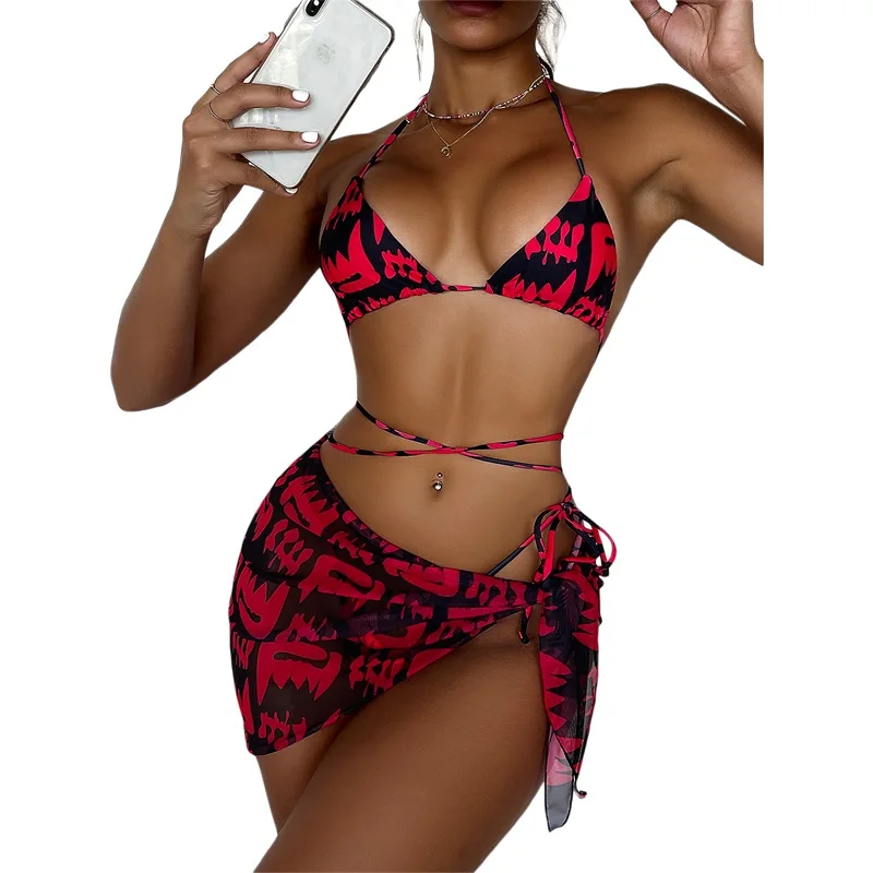 Women 3 Piece Bikinis Set Swimsuit Swimwears Abstract Print Halter Triangle Bra Bandage Skirt with Tie-up Thong Beach Outfits
Women 3 Piece Bikinis Set Swimsuit Swimwears Abstract Print Halter Triangle Bra Bandage Skirt with Tie-up Thong Beach Outfits