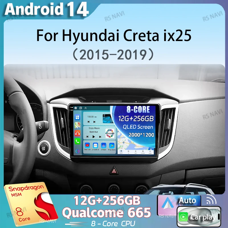 Автомобильный радиоприемник Android 14 для Hyundai Creta ix25 2015-2019 навигационный