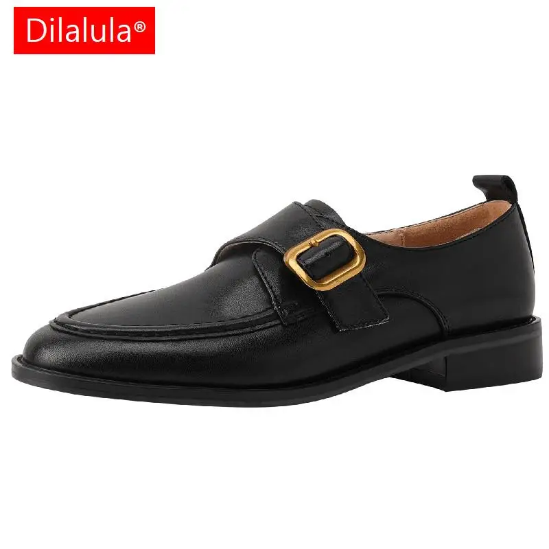 

Dilalula 2023 Retro Style Women Pumps Metal Buckle Genuine Leather Low Heels Working Casual Shoes Woman Spring Summer Loafers