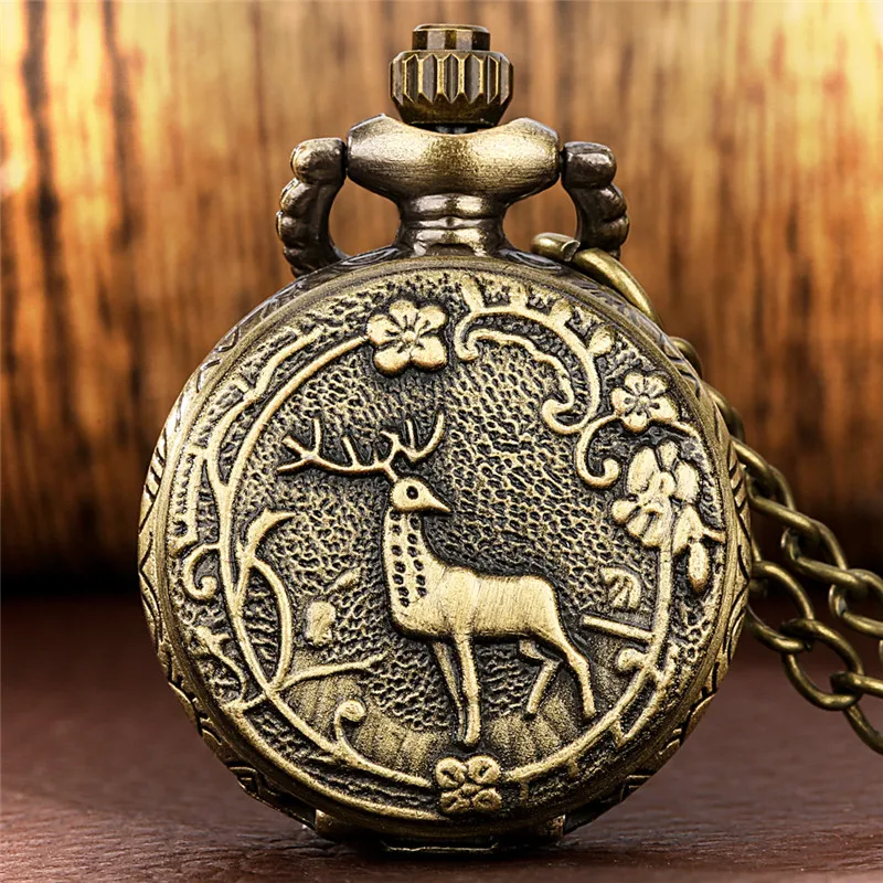 

Antique Engraved Elk Alloy Case Men Women Quartz Analog Pocket Watch Small Size Full Hunter Clock with Sweater Chain Timepiece