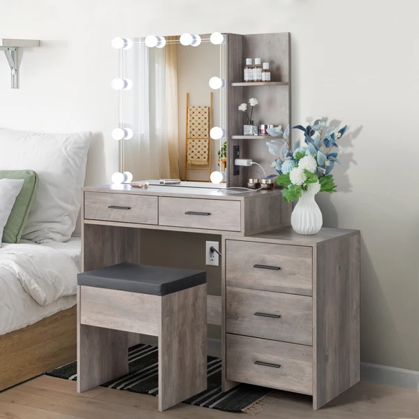Particleboard Makeup Vanity Set Table 5 Pumps 2 Shelves Mirror Cabinet Three Dimming Light Bulb Dressing Table Set Grey
Particleboard Makeup Vanity Set Table 5 Pumps 2 Shelves Mirror Cabinet Three Dimming Light Bulb Dressing Table Set Grey